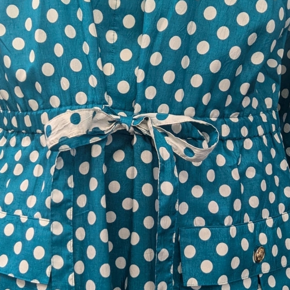 Vintage 80s Leslie Fay Teal White Polka Dot Midi Dress Drawstring 12 - Picture 8 of 12